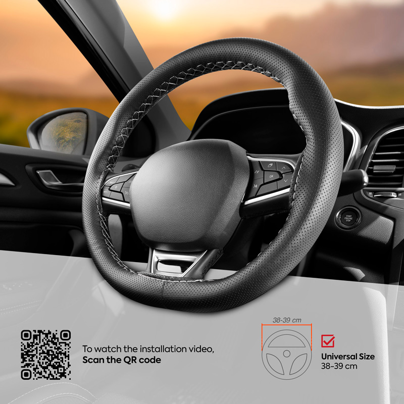 Universal steering wheel cover Classic - Black punched PVC leather + Grey stitch (lace)