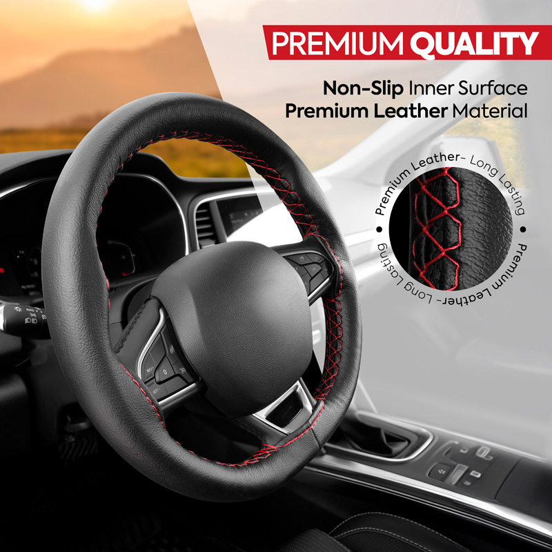 Universal steering wheel cover Classic - Black PVC leather + Red stitch (lace)