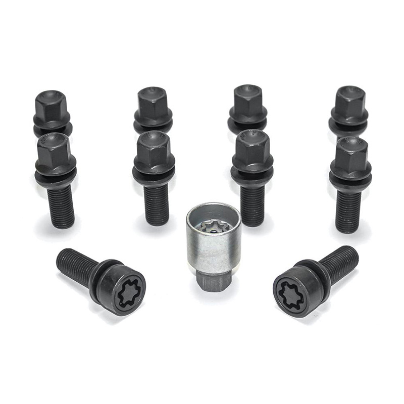 H&R Wheel bolt Set Round-Head with movable cone R13 M14x1.50 - Length 39mm - Black - 10 pcs. (e.g.  Audi S5) - incl. wheel-locks