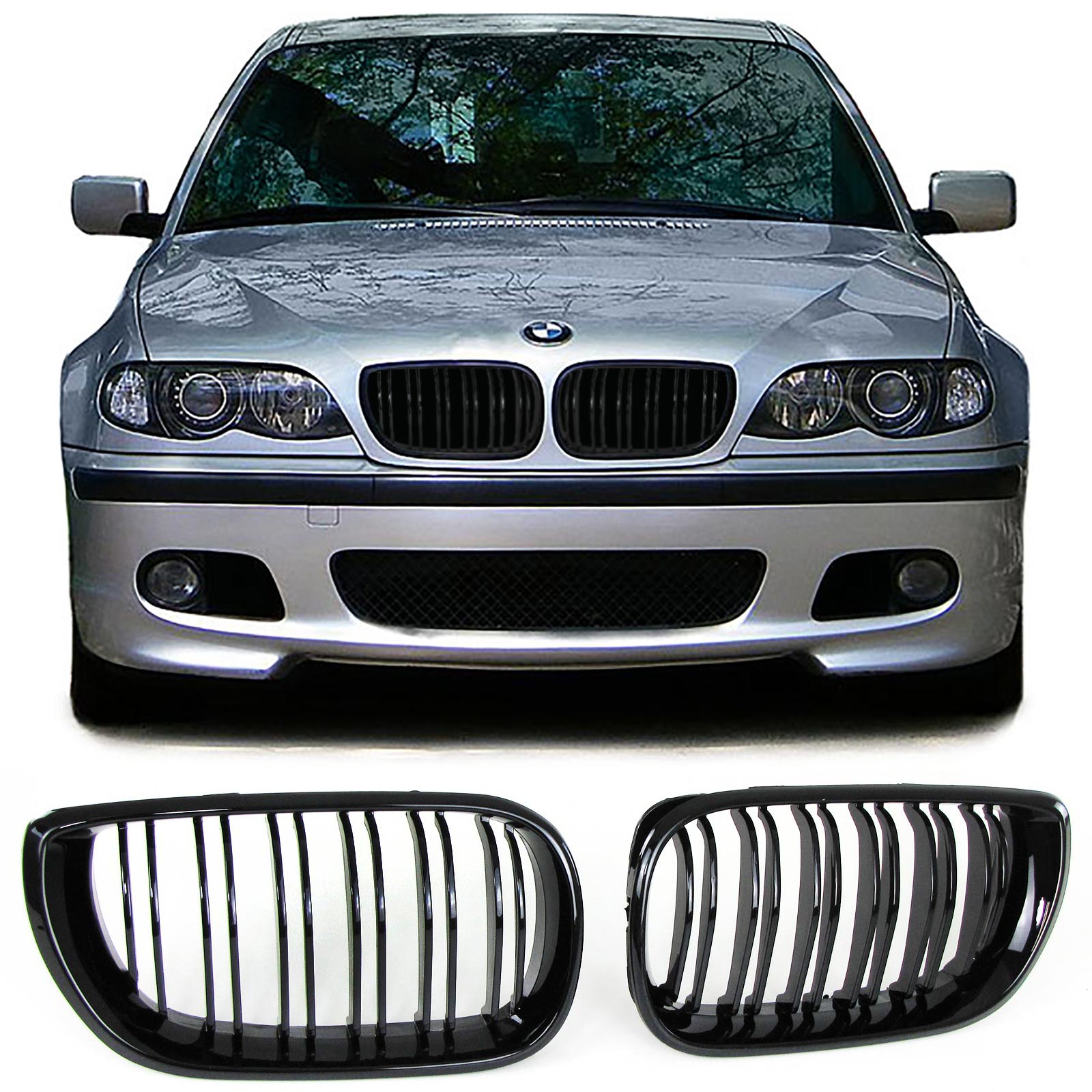 Grill Nieren BMW E46 01-05 Dubbel Spaak Glans Zwart