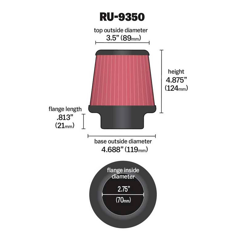 K&N Universal Conical Air Filter 70mm flange, 119mm base, 89mm top, 124mm height (RU-9350)