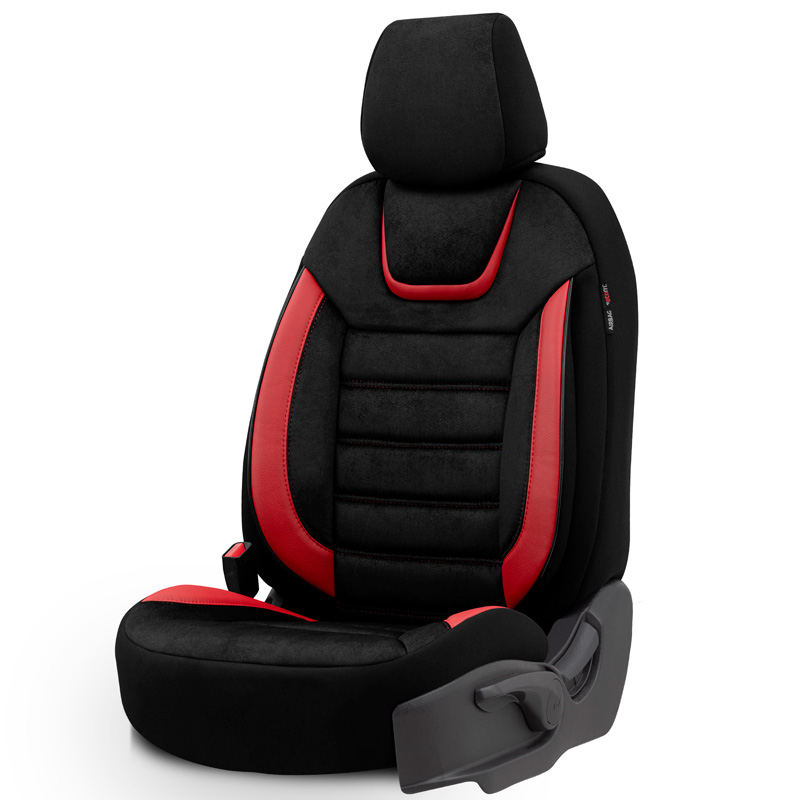 Universele Suede/Leder/Stoffen Stoelhoezenset 'Iconic' Zwart/Rood - 11-delig - geschikt voor Side-Airbags