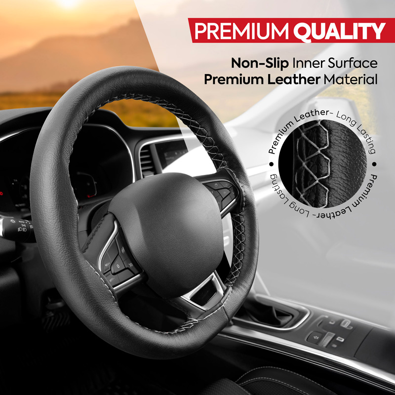 Universal steering wheel cover Classic - Black PVC leather + Grey stitch (lace)