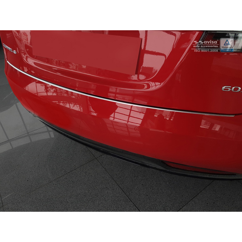 RVS Achterbumperprotector 'Deluxe'  Tesla Model S 2012-2016 & Facelift 2016- Chroom/Rood-Zwart Carbon