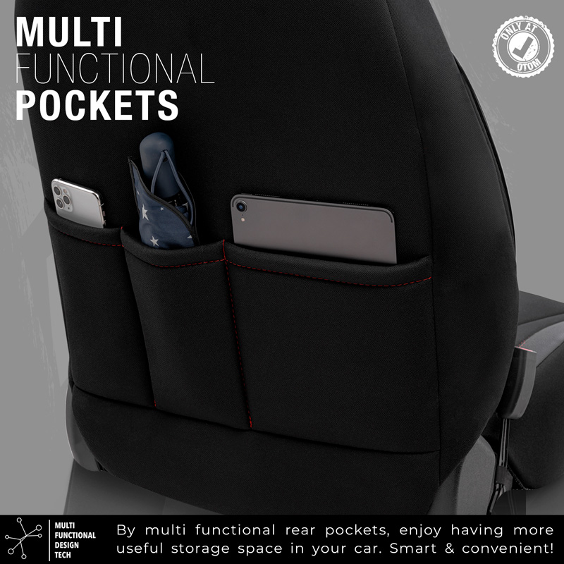 Universal Fabric/Leather Seat cover set 'Limited' Black + Red stitching - 11-pieces -  Side-Airbags