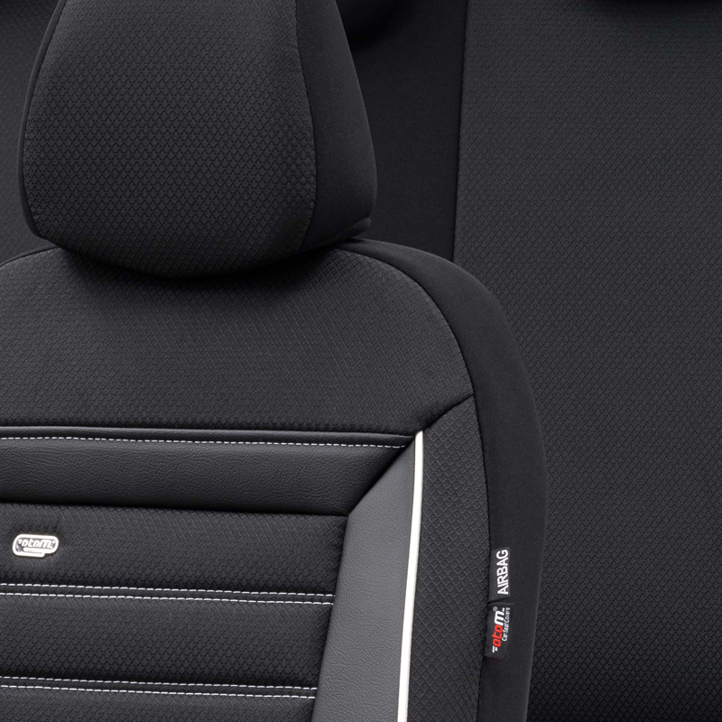 Universelle Stoff Sitzbezüge 'Prestige' Schwarz/Anthrazit + Weißes Rand - 11-Teilig- - passend für Side-Airbags