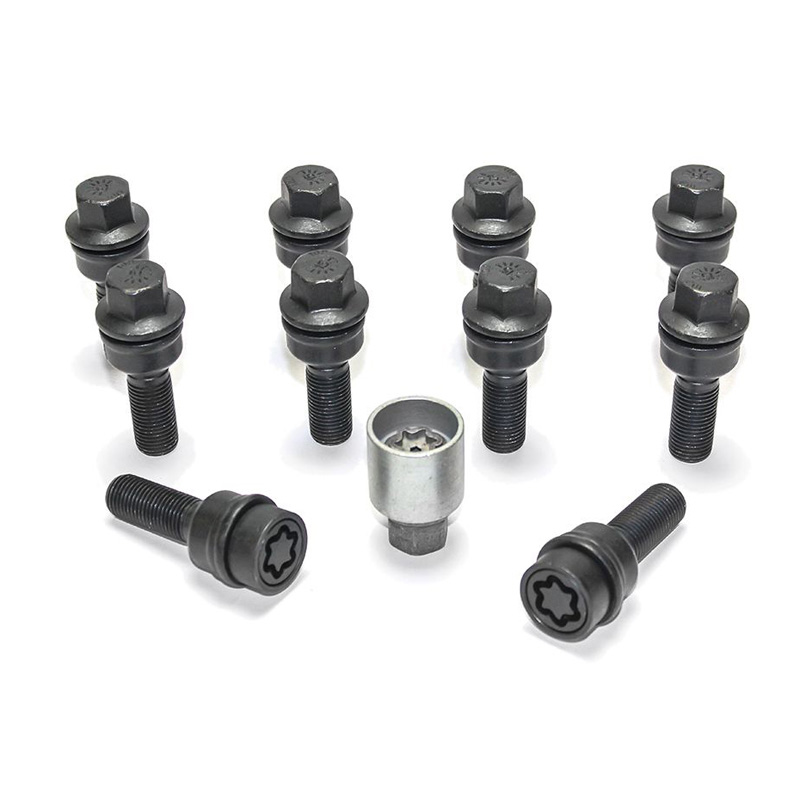 H&R Wheel bolt Set Round-Head with movable cone R14 M14x1.50 - Length 42mm - Black - 10 pcs. (e.g.  Audi Q3, Q5) - incl. wheel-locks