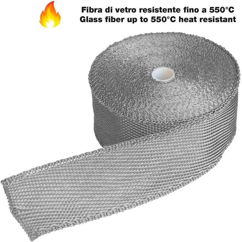 Simoni Racing Exhaust Heat-Insulating Wrapping Kit 2S - 15m x 5cm + 6 clamps < 550°C - Glass Fibre - Silver