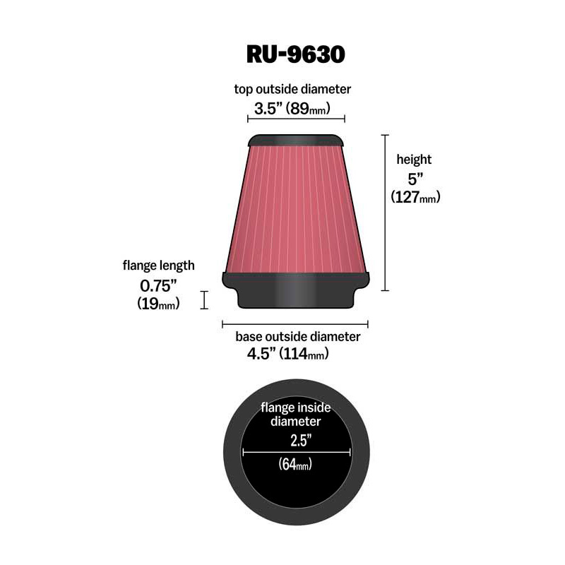 K&N Universal Conical Air Filter 64mm flange, 114mm base, 89mm top, 127mm height (RU-9630)