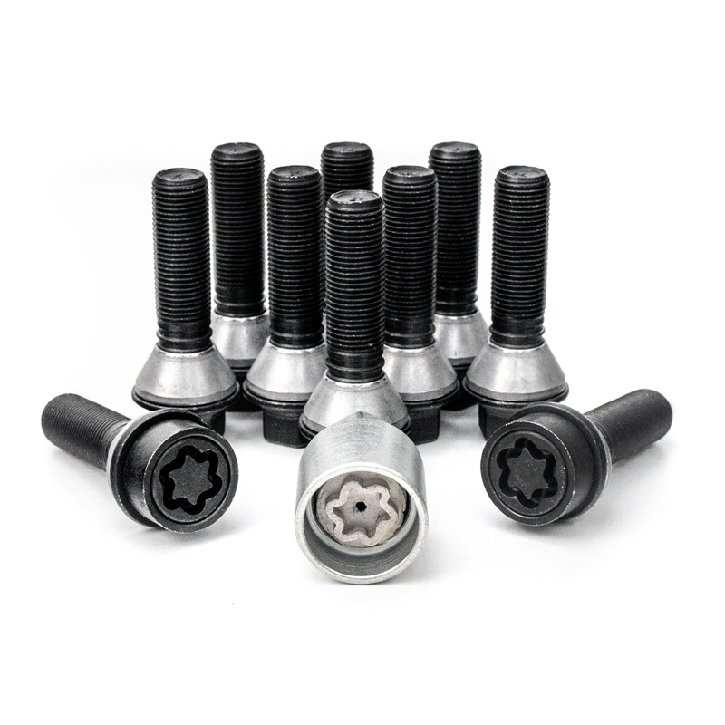 H&R Wheel bolt Set Taper-Head with movable cone M14x1.25 - Length 48mm - Black - 10 pcs. (e.g.  BMW) - incl. wheel-locks