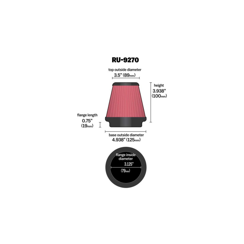 K&N Universal Conical Air Filter 79mm flange, 125mm base, 89mm top, 100mm height (RU-9270)
