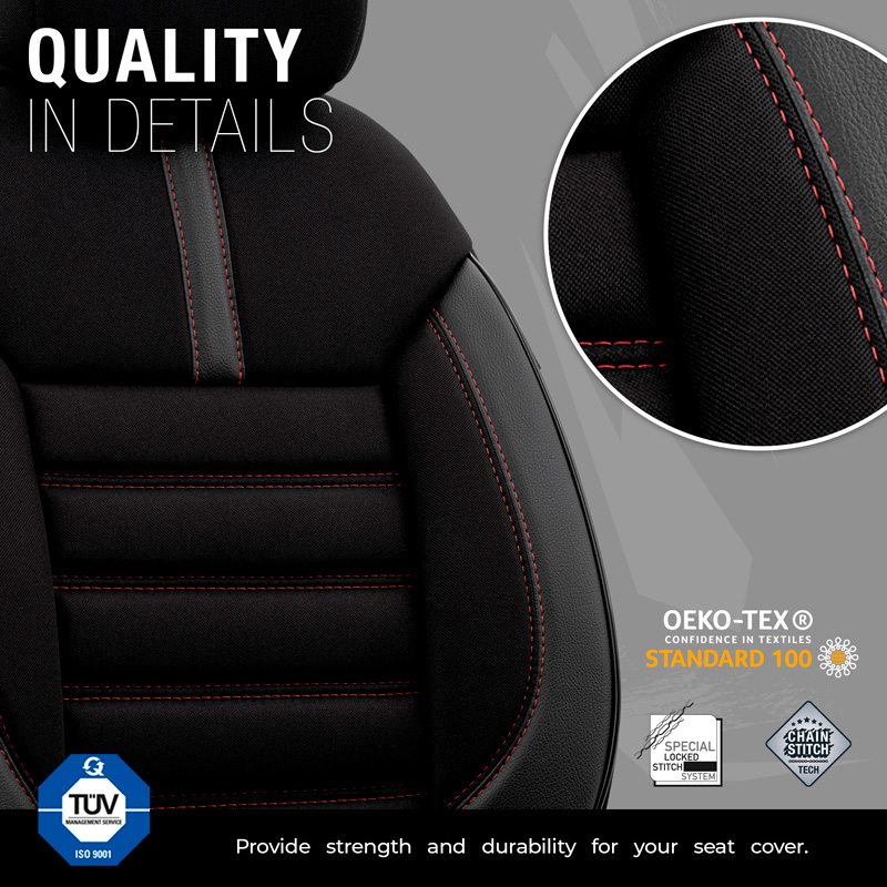 Universal Fabric/Leather Seat cover set 'Limited' Black + Red stitching - 11-pieces -  Side-Airbags