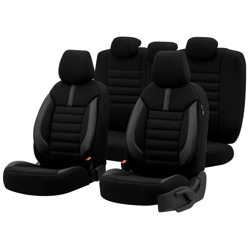 Universal Fabric/Leather Seat cover set 'Limited' Black + Grey stitching - 11-pieces -  Side-Airbags