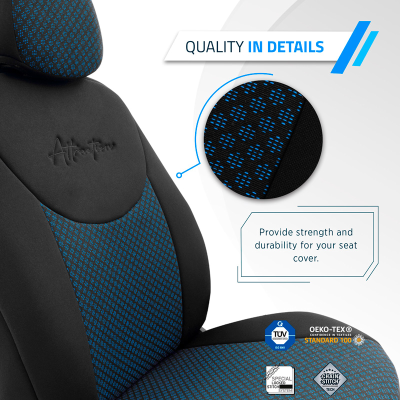 Universal Fabric Seat cover set 'Attraction' Black/Blue - 11-pieces -  Side-Airbags