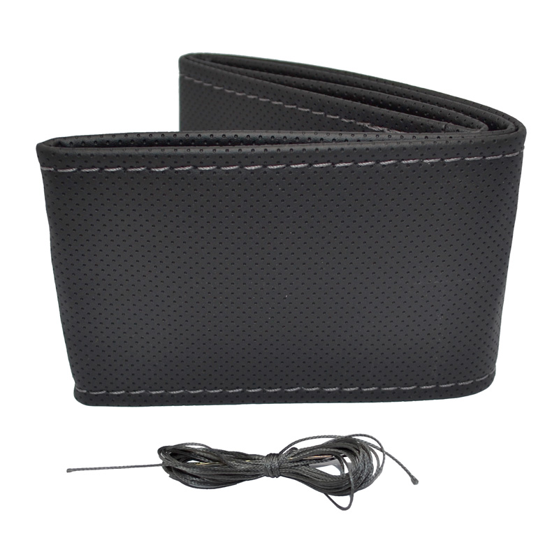 Universal steering wheel cover Classic - Black punched PVC leather + Grey stitch (lace)