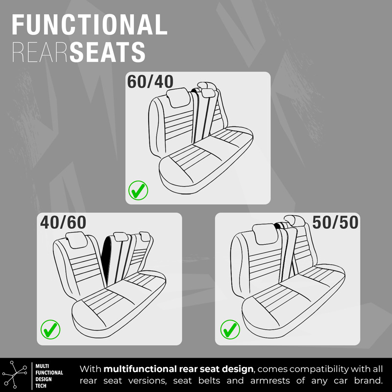 Universal Fabric/Leather Seat cover set 'Limited' Black + Red stitching - 11-pieces -  Side-Airbags