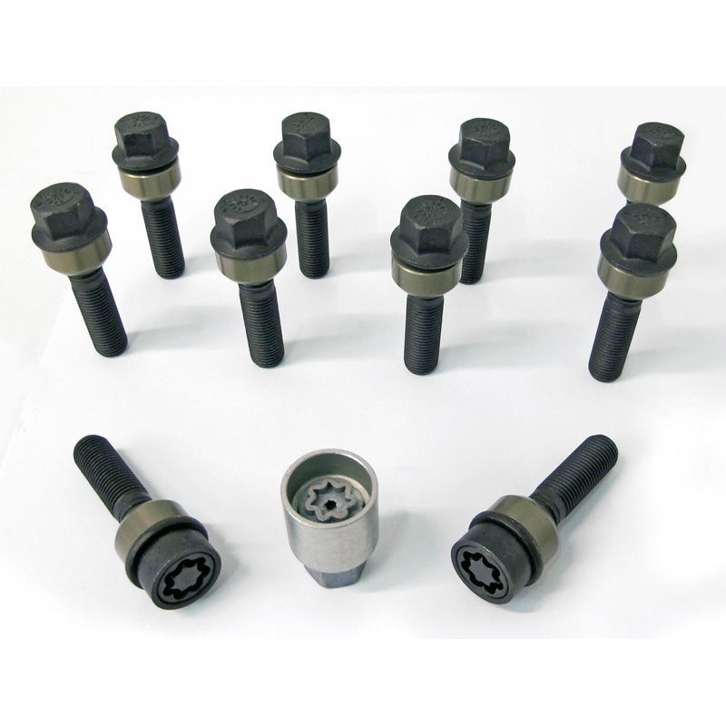 H&R Wheel bolt Set Round-Head with movable cone R14 M14x1.50 - Length 60mm - Black - 10 pcs. (e.g.  Porsche) - incl. wheel-locks