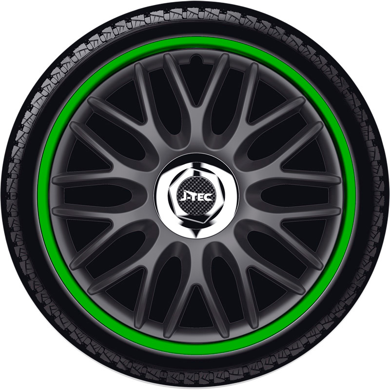 4-Delige J-Tec Wieldoppenset Orden R 16-inch zwart/groen + chroom ring
