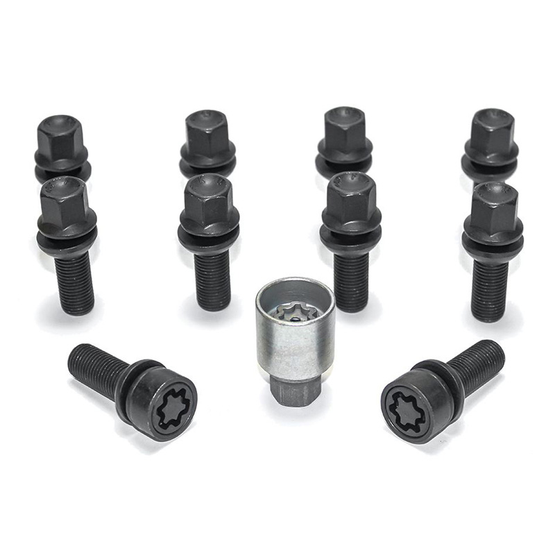 H&R Wheel bolt Set Round-Head with movable cone R13 M14x1.50 - Length 45mm - Black - 10 pcs. (e.g.  Audi S5) - incl. wheel-locks