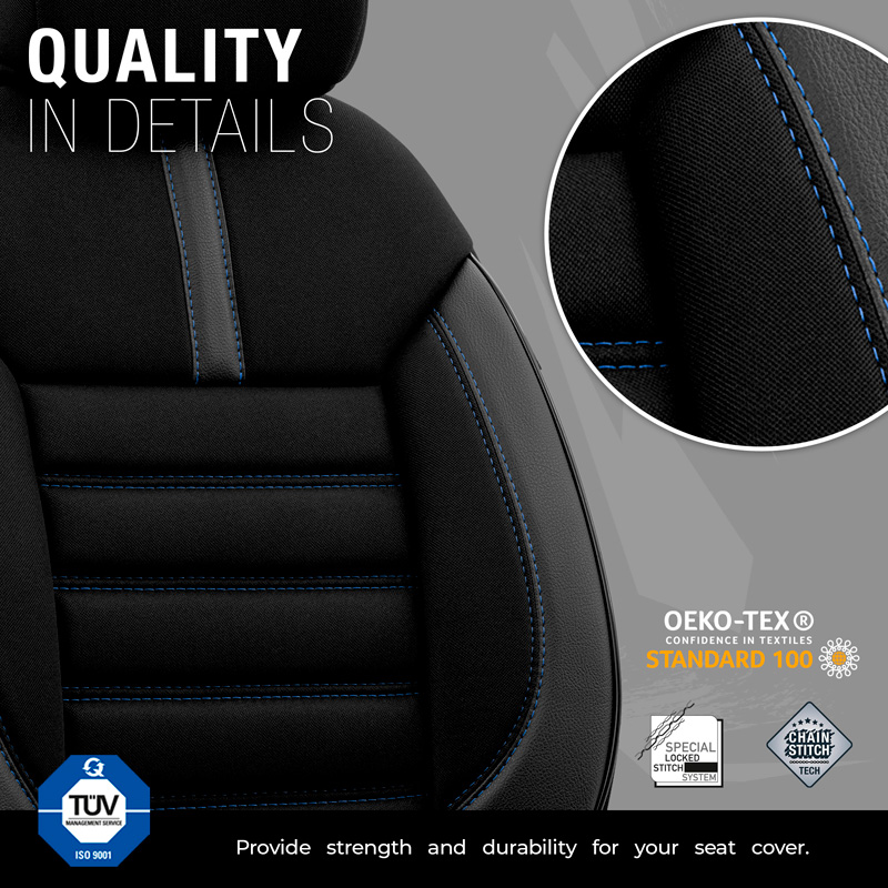 Universal Fabric/Leather Seat cover set 'Limited' Black + Blue stitching - 11-pieces -  Side-Airbags