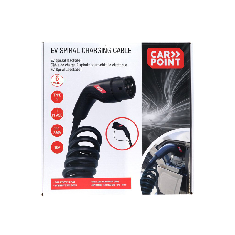 Câble de charge à spirale Carpoint pour véhicule électrique Type 2>2 16 AMP monophasé 6 mètres