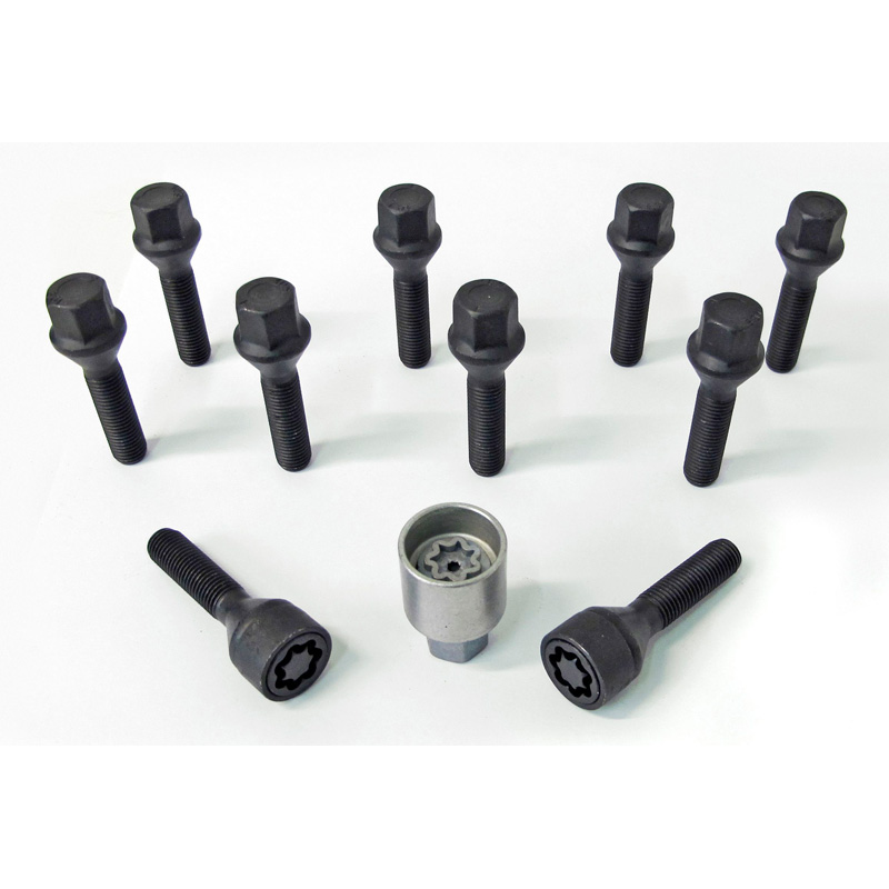 H&R Wheel bolt Set Taper-Head M12x1.50 - Length 38mm - Black - 10 pcs. - incl. wheel-locks