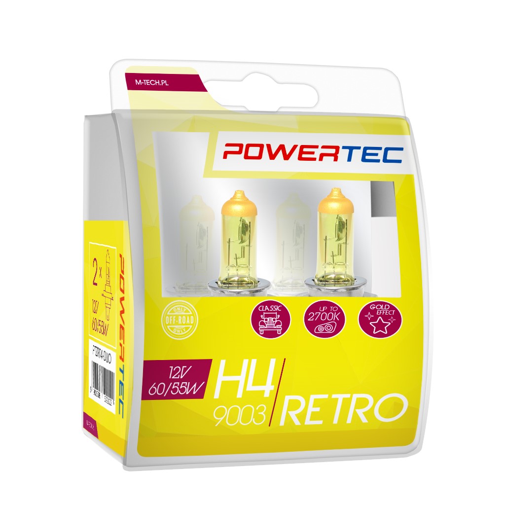 H4 lampen Geel 12V DUO 3200K Powertec Retro Yellow