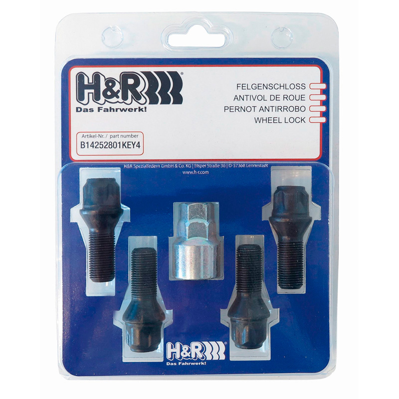 H&R Wheel lock set M14x1.25x28mm Taper Black - 4 wheel lock bolts incl. adapter
