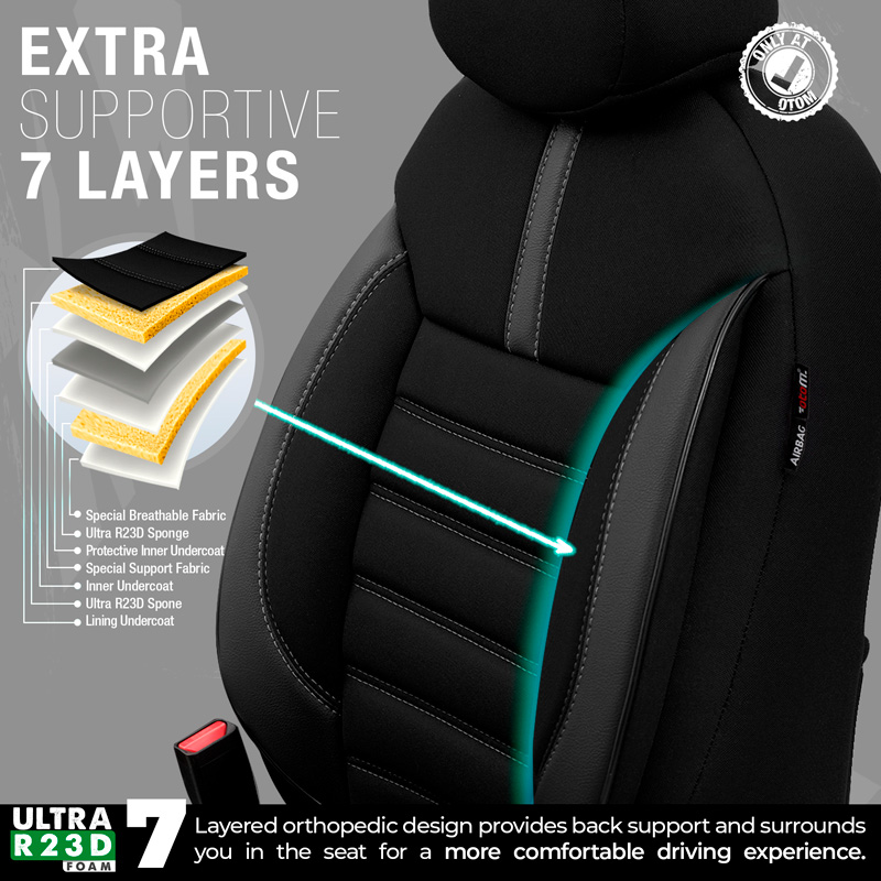 Universal Fabric/Leather Seat cover set 'Limited' Black + Grey stitching - 11-pieces -  Side-Airbags
