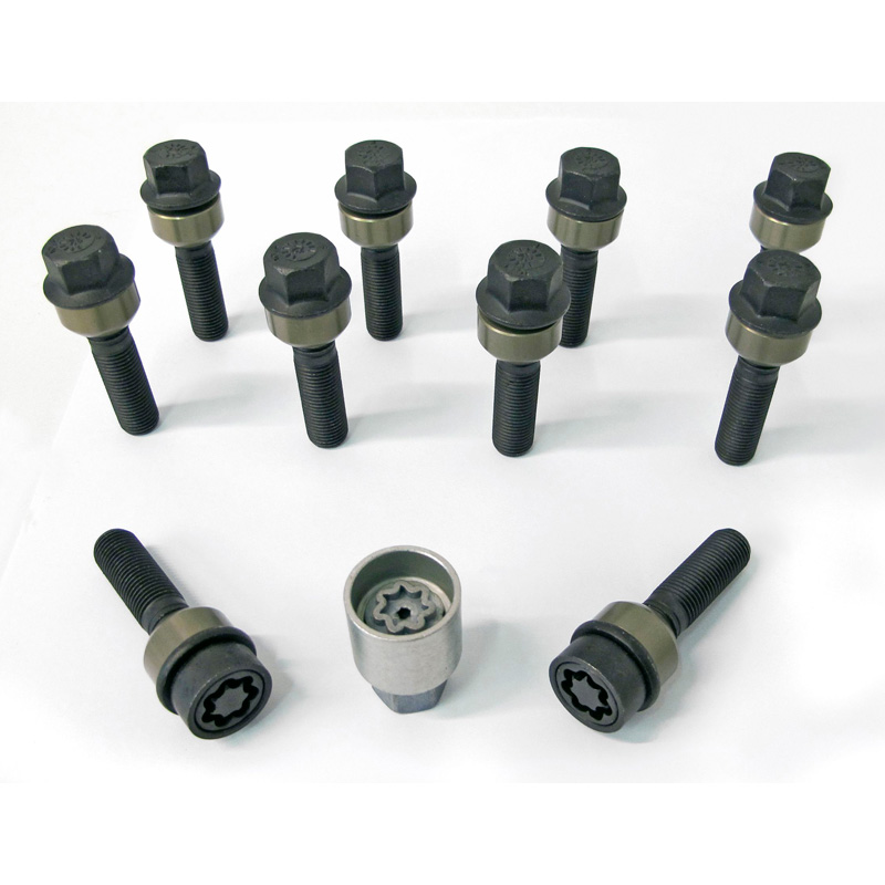 H&R Wheel bolt Set Round-Head with movable cone R14 M14x1.50 - Length 52mm - Black - 10 pcs. (e.g.  Porsche) - incl. wheel-locks