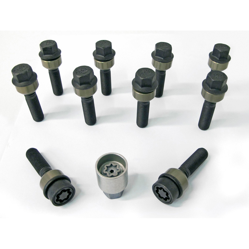 H&R Wheel bolt Set Round-Head with movable cone R14 M14x1.50 - Length 66mm - Black - 10 pcs. (e.g.  Porsche) - incl. wheel-locks