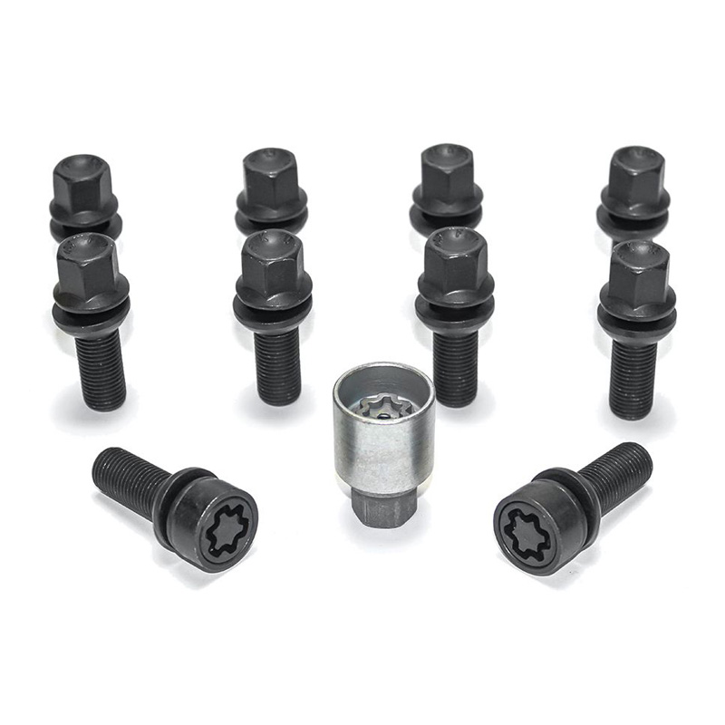H&R Wheel bolt Set Round-Head with movable cone R13 M14x1.50 - Length 36mm - Black - 10 pcs. (e.g.  Audi S5) - incl. wheel-locks
