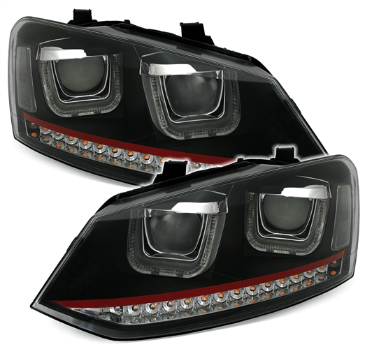 Headlights VW Polo 6R / 6C 09- DRL Dynamic Black / Red Facelift GTI look-Copy  With Dynamic indicator
