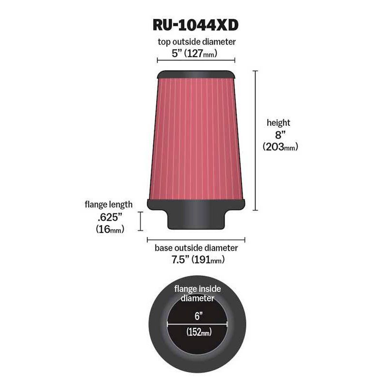 K&N Universal Conical Air Filter 152mm flange, 190mm base, 127mm top, 203mm height Extreme Duty (RU-1044XD)