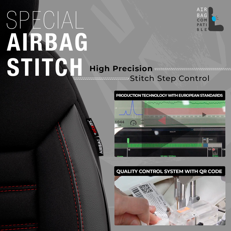 Universal Fabric/Leather Seat cover set 'Limited' Black + Red stitching - 11-pieces -  Side-Airbags