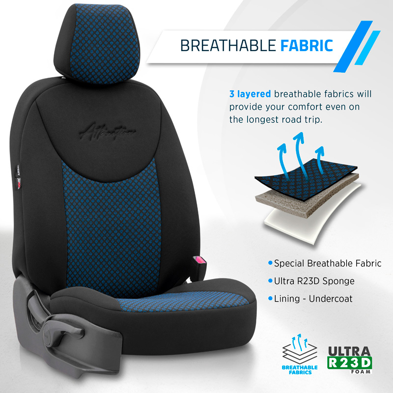 Universal Fabric Seat cover set 'Attraction' Black/Blue - 11-pieces -  Side-Airbags