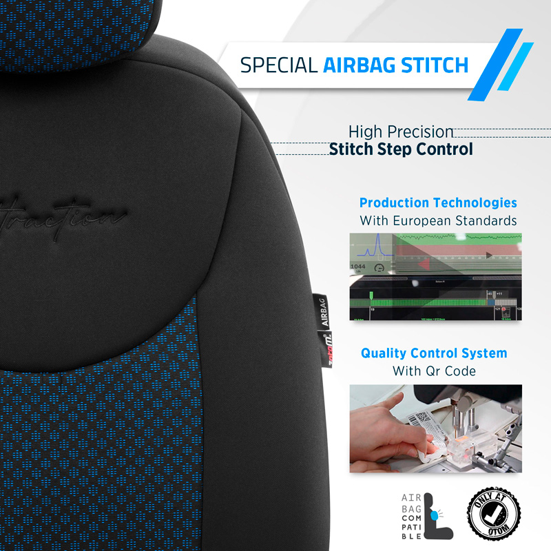 Universal Fabric Seat cover set 'Attraction' Black/Blue - 11-pieces -  Side-Airbags