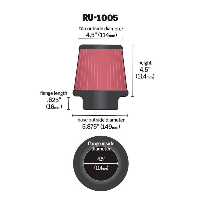 K&N Universal Conical Air Filter 114mm flange, 149mm base, 114mm top, 114mm height (RU-1005)