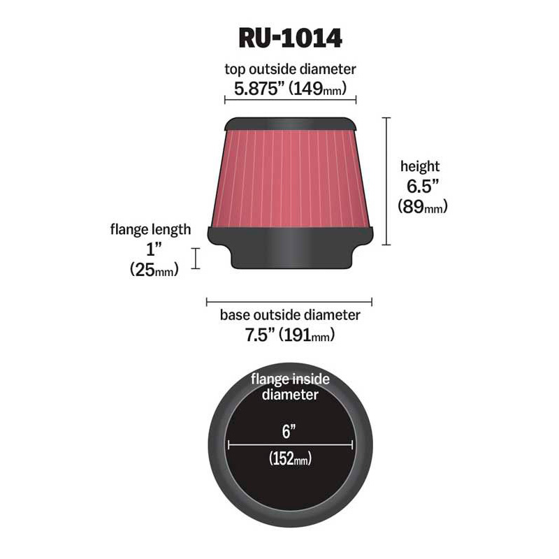 K&N Universal Conical Air Filter 152mm flange, 190mm base, 149mm top, 165mm height (RU-1014)