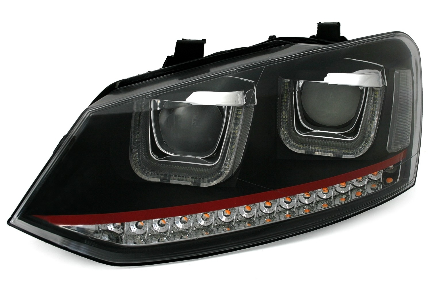 Headlights VW Polo 6R / 6C 09- DRL Dynamic Black / Red Facelift GTI look-Copy  With Dynamic indicator