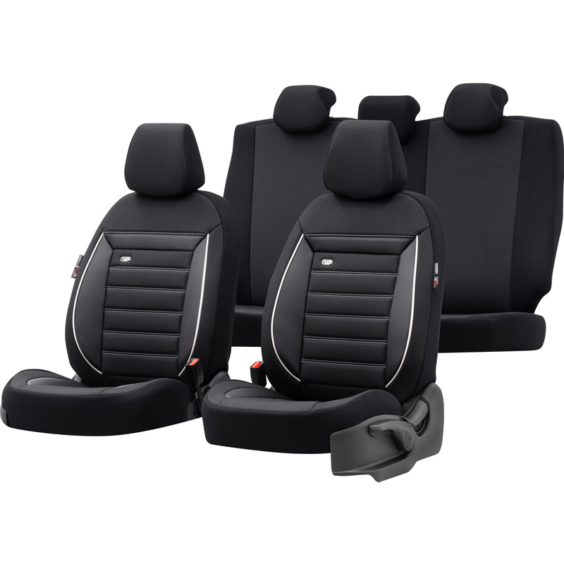 Universal Fabric Seat cover set 'Prestige' Black/Charcoal + White trim - 11-pieces -  Side-Airbags