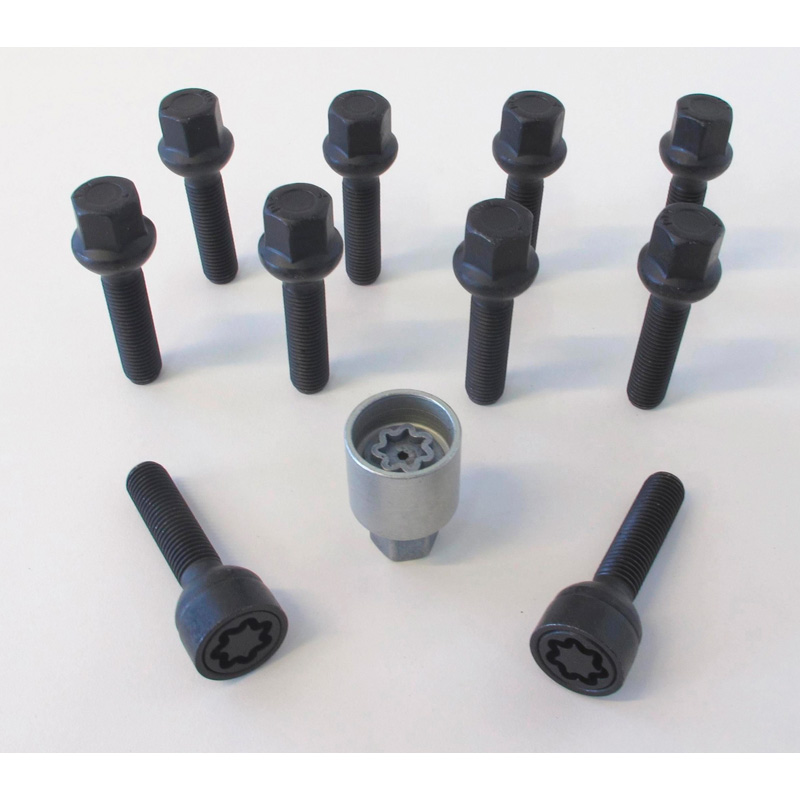 H&R Wheel bolt Set Round-Head R12 M12x1.50 - Length 55mm - Black - 10 pcs. (e.g.  Mercedes) - incl. wheel-locks