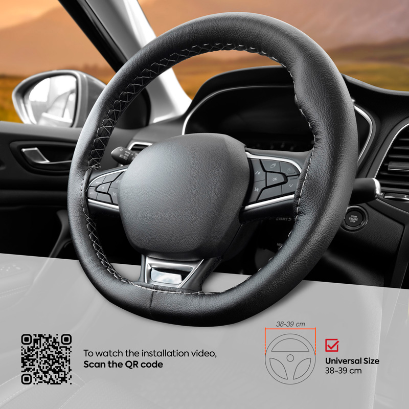Universal steering wheel cover Classic - Black PVC leather + Grey stitch (lace)
