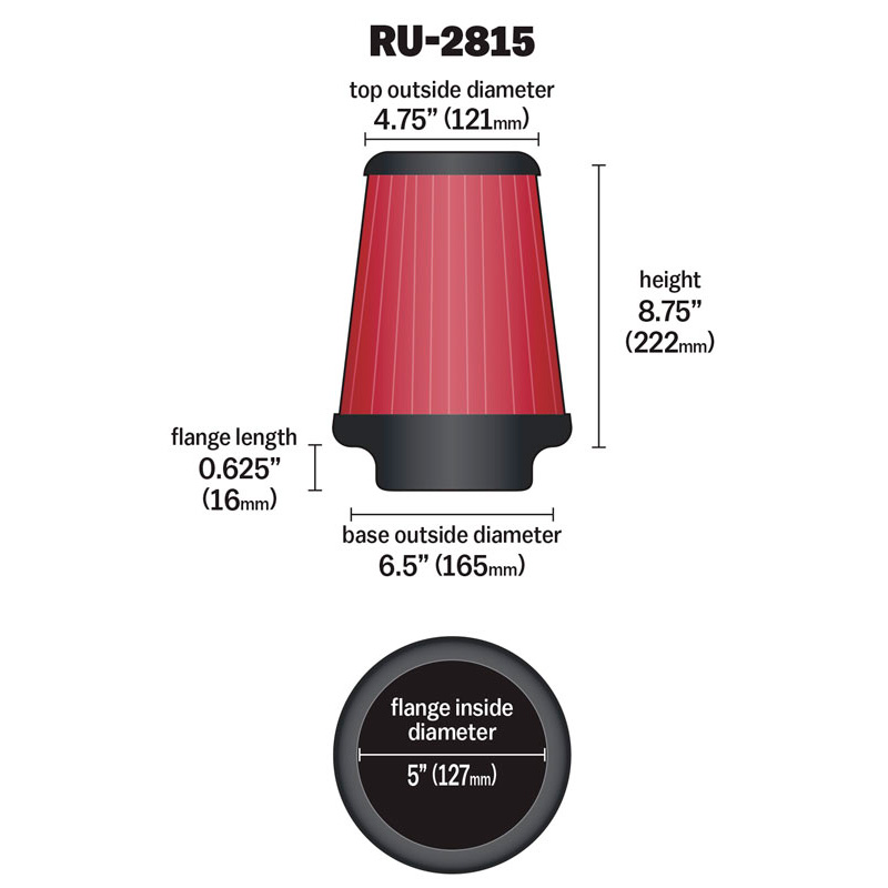 K&N Universal Conical Air Filter 127mm flange, 165mm base, 111mm top, 222mm height (RU-2815)