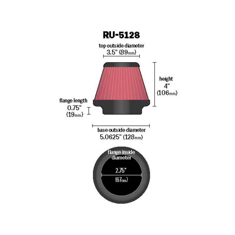 K&N Universeel Luchtfilter Konisch 70mm aansluiting, 129mm onder, 89mm top, 102mm hoogte (RU-5128)