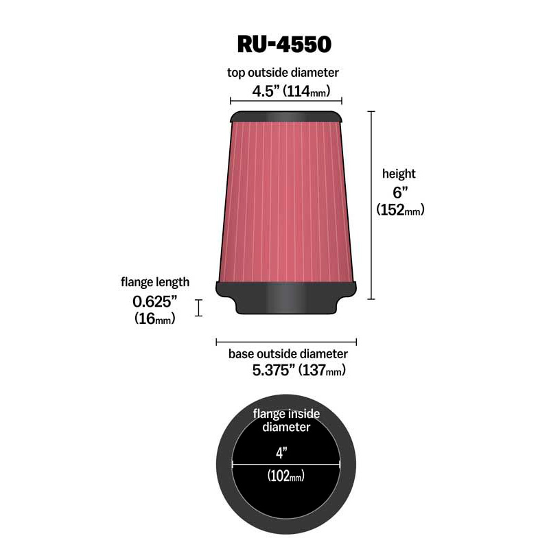 K&N Universal Conical Air Filter 102mm flange, 137mm base, 114mm top, 152mm height (RU-4550)