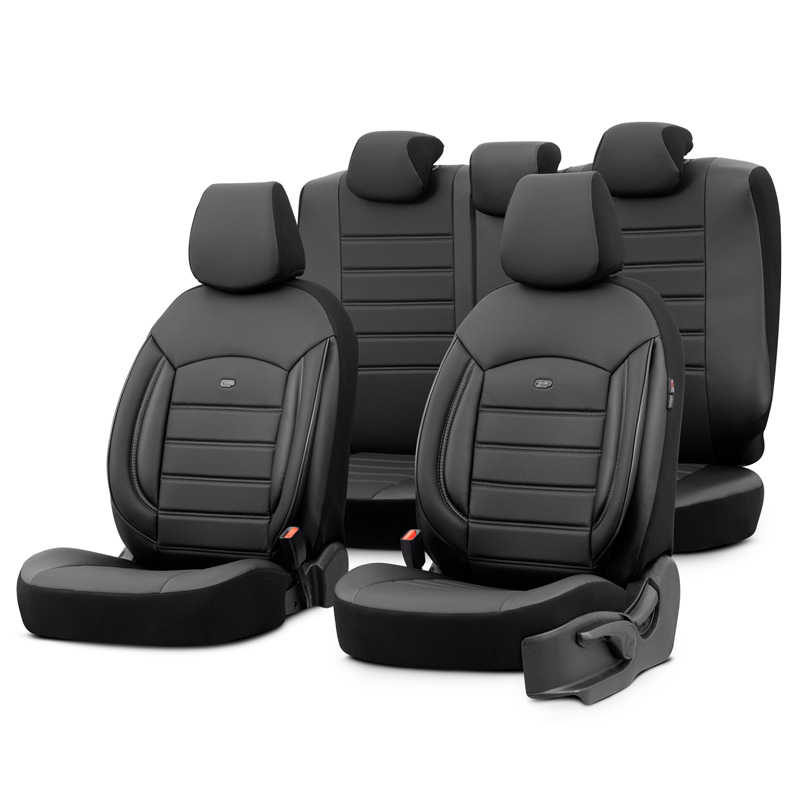 Universal Full-Leather Seat cover set 'Inspire' Black - 11-pieces -  Side-Airbags