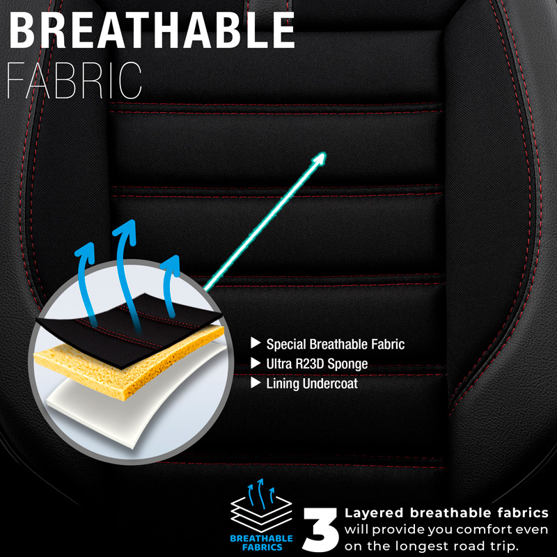 Universal Fabric/Leather Seat cover set 'Limited' Black + Red stitching - 11-pieces -  Side-Airbags