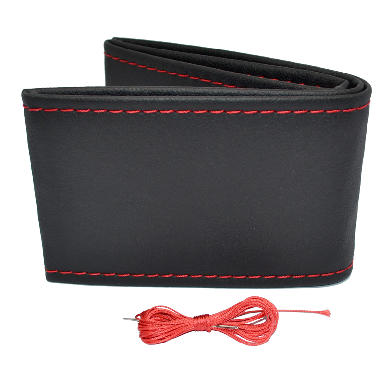 Universal steering wheel cover Classic - Black PVC leather + Red stitch (lace)