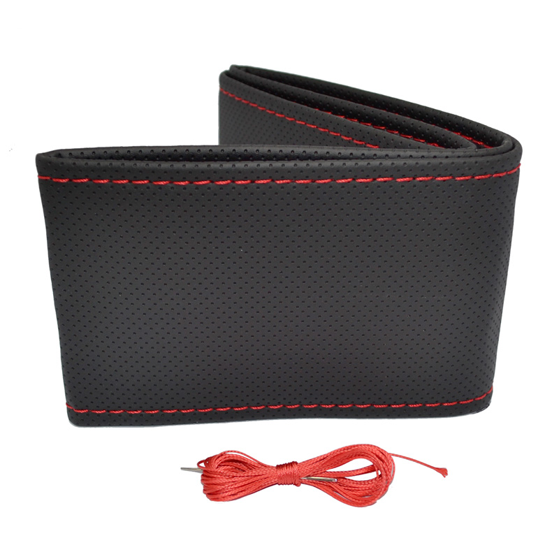 Universal steering wheel cover Classic - Black punched PVC leather + Red stitch (lace)